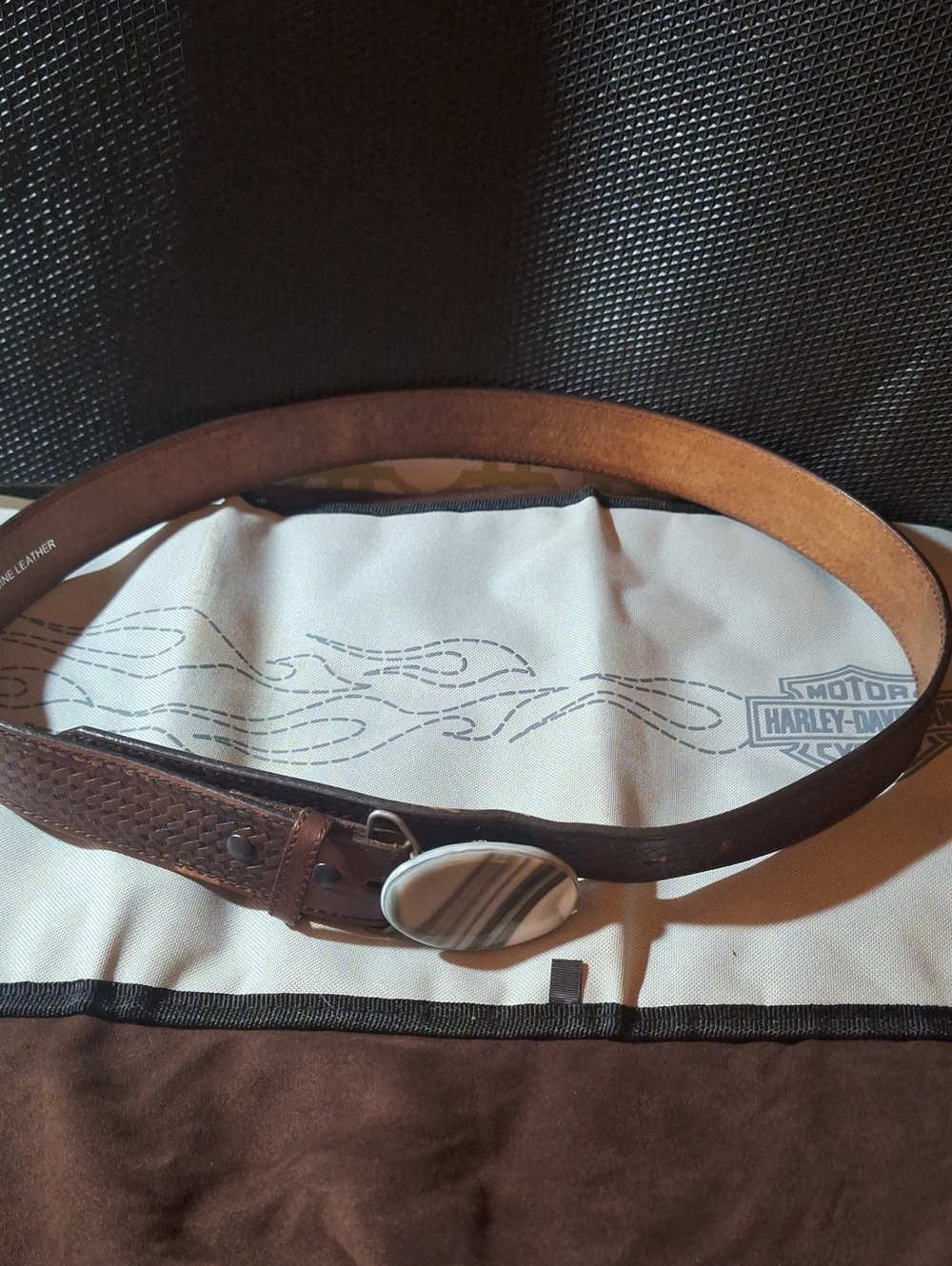 Vintage Nocona Brown Basketweave Leather Western Belt w/ Agate Stone Buckle